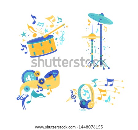 Musical instruments and audio listening illustrations set. Percussion, drum cymbals and snare flat drawing. Modern headphones isolated clipart. Play, stop music app icons. Jazz musician playing sax