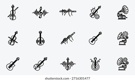 Instrumentos musicales e íconos de Tecnología de audio que representan la creación y la escucha de música