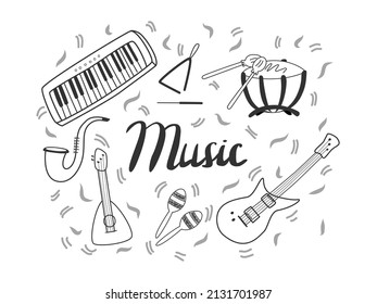 musical instruments background in doodle style. Hand-drawn drum, saxophone, guitar, synthesizer. Music festival sketch drawing