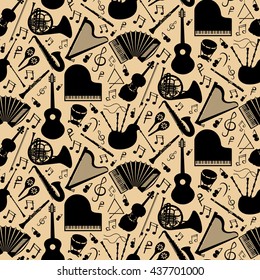 Musical instruments background pattern with black vector icons in square format