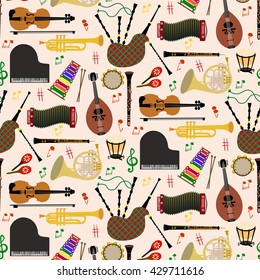 Musical instruments background pattern with colored vector icons in square format