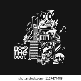 Musical instruments background with text move the beat, vector illustration. 