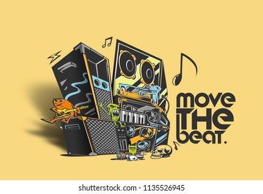 Musical instruments background with text move the beat, vector illustration.