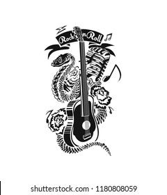Musical instruments background.  vintage label "rock hard" ( T-Shirt Print ) Vector illustration design.