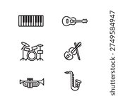 musical instruments and band equipment line icon set