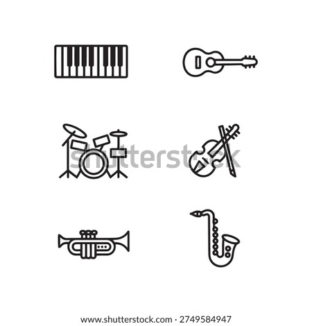 musical instruments and band equipment line icon set
