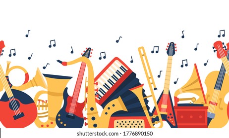 Musical instruments banner. Music guitar, violin and vintage accordion, jazz acoustics music instruments vector illustration. Music classical banner, sound musical