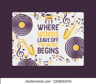 Musical instruments banner, poster vector illustration. Music concept with vinyl record, saxophone. Playing wind instrument. Live music event. Where words leave off the music begins.