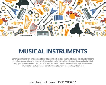 Musical Instruments Banner Template with Different Music Instruments Seamless Pattern and Space for Text Vector Illustration