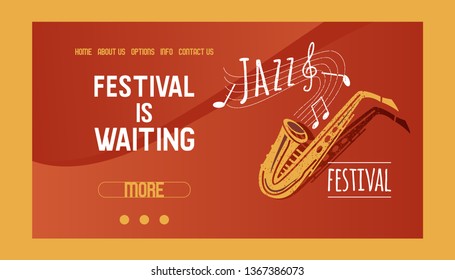 Musical instruments banner web design vector illustration. Music concept with saxophone. Playing wind instrument. Festival is waiting. Jazz advertisement. Contact information.