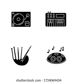 Musical instruments black glyph icons set on white space. Turntablism for DJ party performance. Synthesizer keyboard. Scottish bagpipes. Handpan tune. Silhouette symbols. Vector isolated illustration