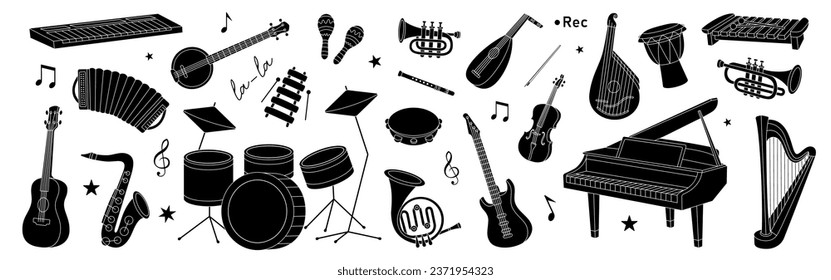 Instrumentos musicales de juego negro. Cartel de la escuela musical. Tuba, trompeta, flauta de tambor, cuerno francés, lute, violín, bajo eléctrico, guitarra acústica.