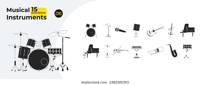 Musical instruments black and white 2D line cartoon objects bundle. Music performance equipment isolated vector outline items collection. Orchestra monochromatic flat spot illustration collection