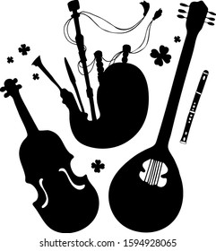 Musical instruments, black and white logo in traditional irish style. 