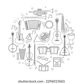 Musical instruments black and white. Minimalistic poster or banner. Triangle, banjo, psaltery, electric and acoustic guitar and drum. Cartoon flat vector illustrations isolated on white background