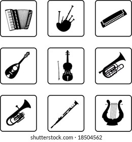 musical instruments black and white silhouettes (also available in raster format)