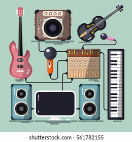 Musical Instruments, Cables and Devices. Vector Flat Design Home Recording Studio.