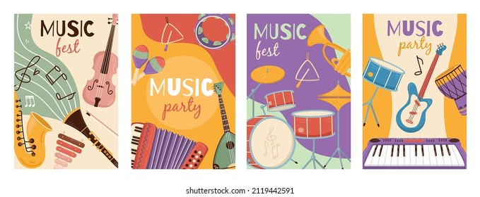 Musical instruments cards. Festivals and party posters with different orchestral tools, funny design posters. Strings, percussion and percussion. Modern and ethnic music banners vector set