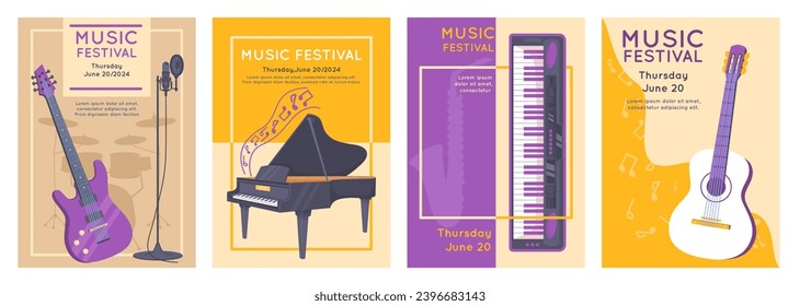 Musical instruments cards. Invitational flyers. Acoustic or electric guitars. Music performance. Concert announcements. Synthesizer and piano. Entertainment event. Recent