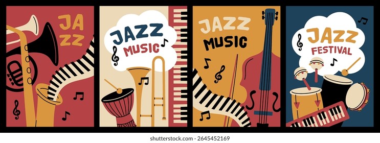 Cartões de instrumentos musicais. Equipamento de festival de jazz, acústico, ferramentas elétricas, flyer de concerto ao vivo, anúncio de evento de clube, convite criativo da festa, conjunto de desenhos animados vetoriais de garish