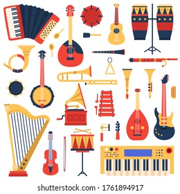 Musical instruments. Cartoon doodle music guitar, drums, piano synthesizer and harp, jazz band musical instruments vector illustration set. Gramophone and xylophone, tuba and trombone, banjo and flute