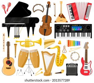 Musical instruments. Cartoon music band instruments, piano, drums, harp and synthesiser vector symbols set. Orchestra or classical music instrument. Illustration piano and trumpet, violin and bass