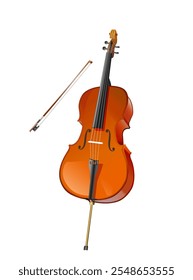 Musical instruments. Cello and fiddle bow on white background. Vector realistic illustration