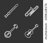 Musical instruments chalk icons set. Duduk, guitar, banjo, trombone. Isolated vector chalkboard illustrations