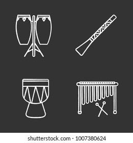 Musical instruments chalk icons set. Conga, didgeridoo, marimba, kendang. Isolated vector chalkboard illustrations
