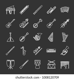 Musical instruments chalk icons set. Orchestra equipment. Stringed, wind, percussion instruments. Isolated vector chalkboard illustrations