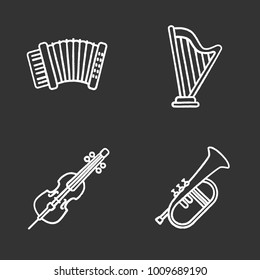 Musical instruments chalk icons set. Accordion, harp, violoncello, flugelhorn. Isolated vector chalkboard illustrations