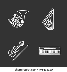 Musical instruments chalk icons set. French horn, gusli, violin, mellotron. Isolated vector chalkboard illustrations