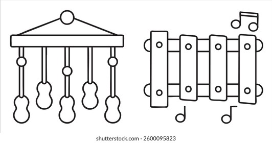 Musical instruments for children, featuring a xylophone and a mobile.