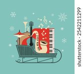 Musical instruments in Christmas sleigh flat vector icon. Live music jazz festival cartoon design element in retro color minimal style. Winter New Year holidays season event background illustration