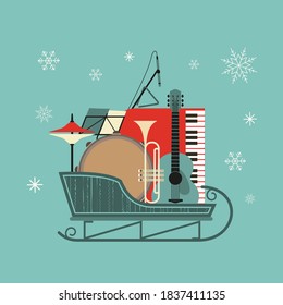 Musical Instruments In Christmas Sleigh Flat Vector Icon. Live Music Jazz Festival Cartoon Design Element In Retro Color Minimal Style. Winter New Year Holidays Season Event Background Illustration