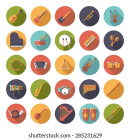 Musical Instruments Circular Flat Design Long Shadow Vector Icon Collection. Set of 25 music related symbols in circles.