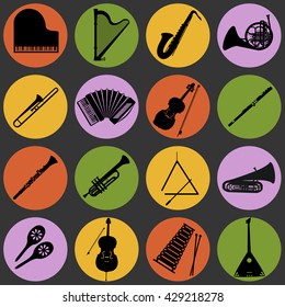 Musical instruments circular vector icons collection. Set of 16 musical instruments icons in circles, flat design.