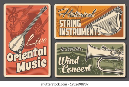 Musical instruments of classic, ethnic and oriental music retro design. Vector tube, saz, tanbur and tar, harp and cimbalom, string and wind musical instrument invitation banners of music concert