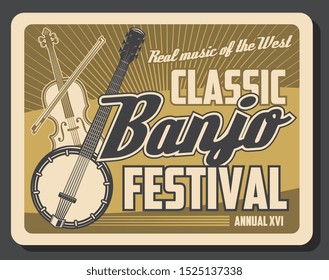 Musical instruments of classic and folk music retro poster with vector banjo, violin and bow. Music festival, live concert or ethnic show design