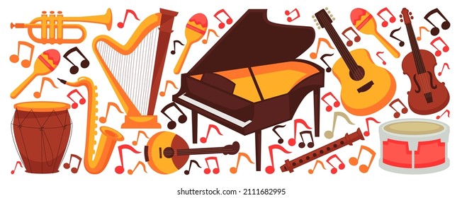 Musical instruments for classic and jazz music and melodies performing. Harp and shaker, piano and saxophone, acoustic guitar and violin, drums and trumpet. Banner with orchestra vector in flat