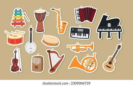 Musical instruments clipart cartoon stickers set. Xylophone, saxophone, snare drum, tambourine, piano, guitar, violin, harp, trumpet, accordion stickers vector design