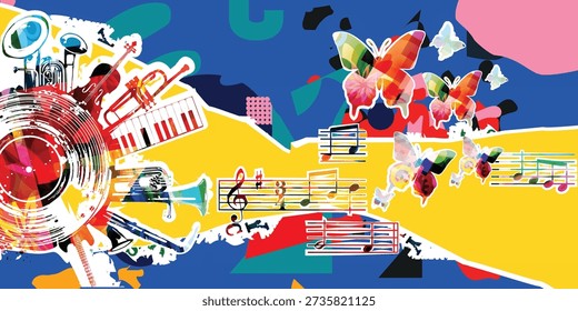 Musical Instruments Collage with Piano, Violin and Trumpet, Abstract Vinyl Record Design with Butterflies on Blue and Yellow Background
