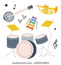 Musical instruments collection. American banjo, wooden xylophone toys, drum kit, tuba, trumpet. Vector illustration.