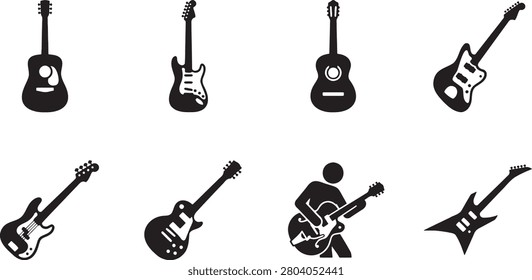 Musical instruments collection featuring acoustic and electric guitars