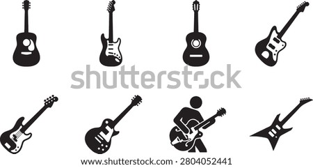 Musical instruments collection featuring acoustic and electric guitars