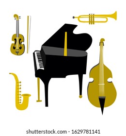 Musical instruments collection. Flat vector illustration of classical instruments - violin, cello, piano, saxophone, trumpet