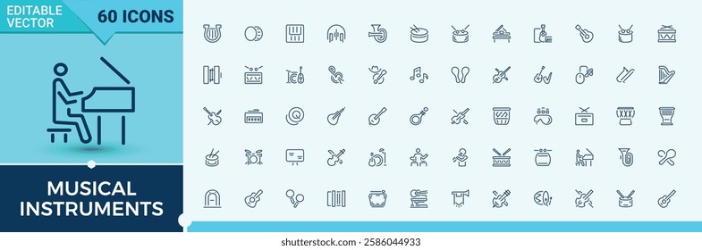 Musical Instruments collection. Includes icons for key, flute, percussion, dj, violin, organ, bass, music. Icons for website. Editable vector stroke.