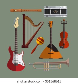 Musical instruments collection. Music icon vector set. Flat design illustration with musical objects, guitar, violin, balalaika, drum, harp, pipe, trumpet.
