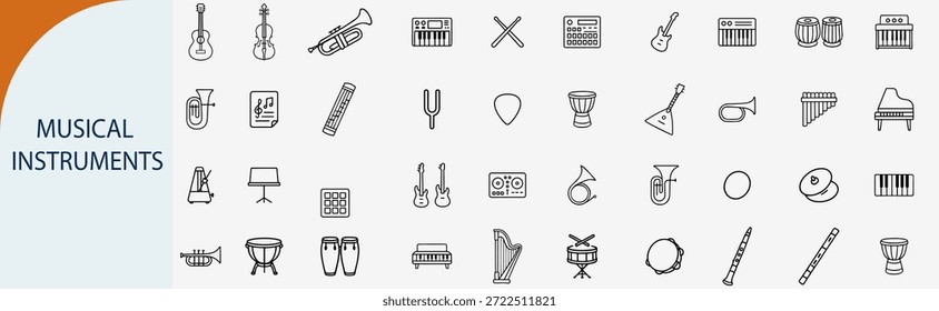 Musical instruments collection set, thin line icons, black outline vector