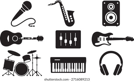 Instrumentos musicales ilustración de Arte vectorial de colección. Contiene micrófono, saxofón, altavoz, guitarra, mezclador de sonido, batería, teclado de piano y auriculares. Concepto de equipo de música. Instrumentos para orquesta o banda. Perfecto para póster, portada, Anuncio, Diseño web, decoración y diseños relacionados con la música.
